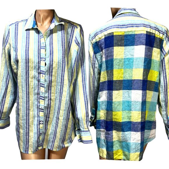 Foxcroft Women’s Plus Size 16 Relaxed Striped Plaid Linen Button Up Shirt Tunic - Picture 1 of 10